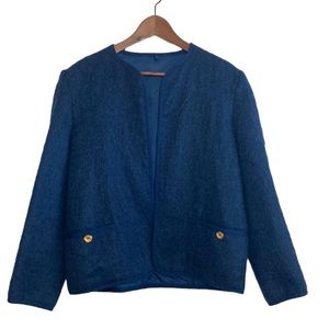 Vintage Wool Mohair Sweater Womens 12 Blue Fuzzy Coatigan Made in Scotland